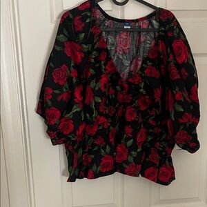 Old Navy Black Blouse with Red Rose Print